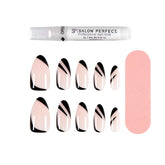 Black swirl French tip press-on nails from Salon Perfect Modern French collection, including nail glue and a nail file for easy application.
